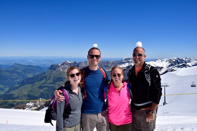 Goofing around with the family on top of a Swiss glacier